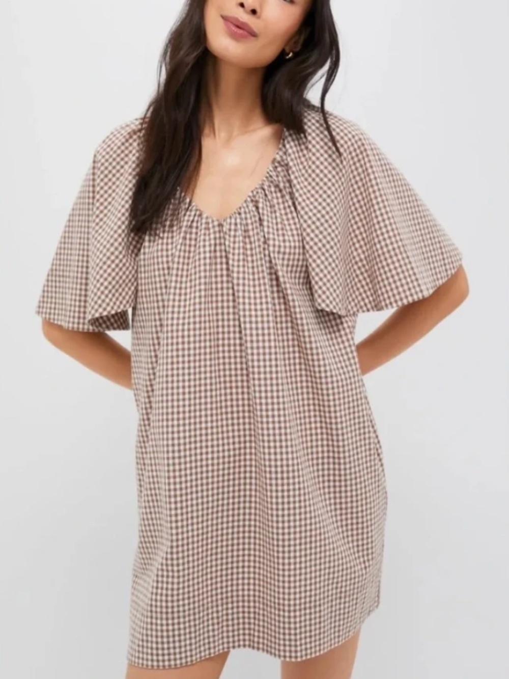 Studio Mcgee x Tuckernuck Mocha Gingham Finn Dress with Flutter Sleeves